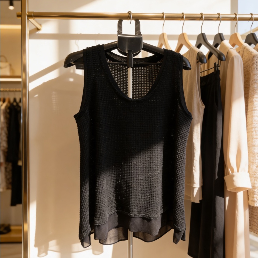 Black Mesh Layered Sleeveless Waffle Top - Women